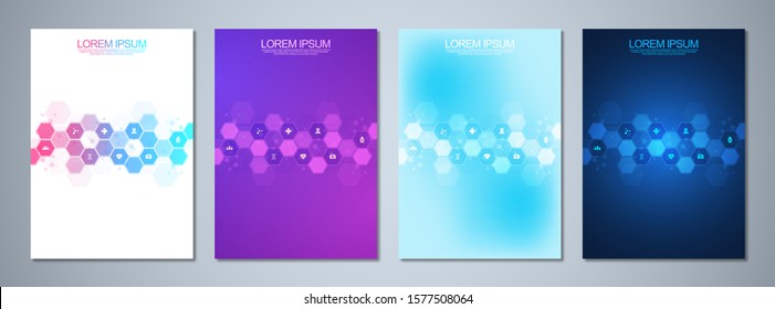 Set of template brochures or cover book, page layout, flyer design. Concept and idea for health care business, innovation medicine, pharmacy, technology. Medical background with flat icons and symbols