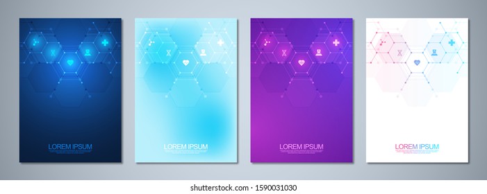 Set of template brochures or cover book, page layout, flyer design. Concept and idea for health care business, innovation medicine, pharmacy, technology. Medical background with flat icons and symbols