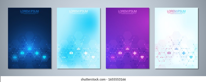 Set of template brochures or cover book, page layout, flyer design. Concept and idea for health care business, innovation medicine, pharmacy, technology. Medical background with flat icons and symbols