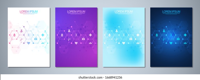 Set of template brochures or cover book, page layout, flyer design. Concept and idea for health care business, innovation medicine, pharmacy, technology. Medical background with flat icons and symbols