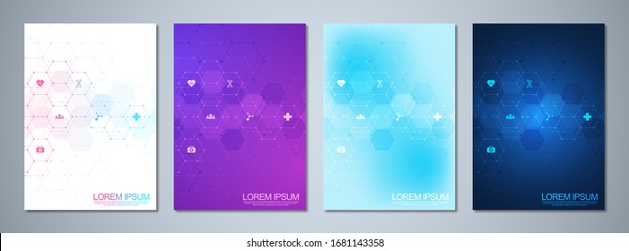 Conjunto de folletos de plantilla o portada, diseño de página, diseño de volante. Concepto e idea para el negocio de la salud, la medicina de la innovación, la farmacia, la tecnología. Fondo médico con iconos y símbolos planos