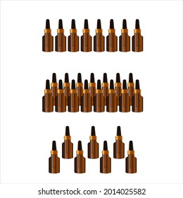 Set. A template of brown glass bottles with a pipette with serum, essential oil. Cosmetic products on a white background. Face and body skin care with a natural moisturizer.