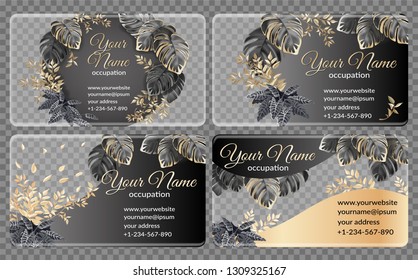 Set template business cards with transparent background decorated dark and gold leaves of tropical exotic plants. Flyer jungle with palm trees and lianas. Vector 3d illustration with space for text.