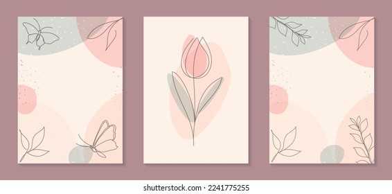 Set of template card or poster with botanical one line art with tulip, butterfly and leaves on pastel color background. Design for greeting card, invitation, social media or poster for interior decor.