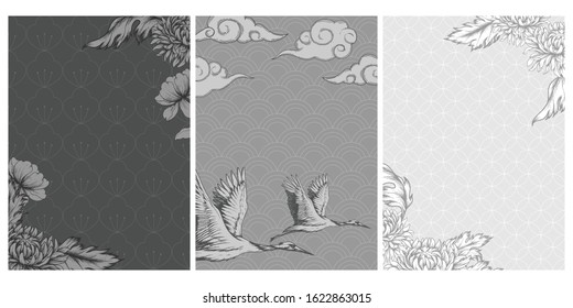  Set of template cards with cranes and flowers.