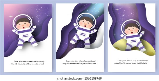 Set of template cards with cute boys in galaxy background. paper cut and craft style .