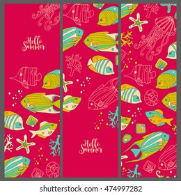 Set template cards with fish. Kids doodle style.