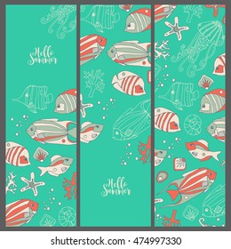 Set template cards with fish. Kids doodle style.