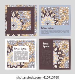 Set of template cards with hand drawn flower mandala.Stylish geometric pattern in oriental style.Blue, brown, beige, white colors. Indian, asian, arabic, islamic, ottoman, moroccan motif. Vector.