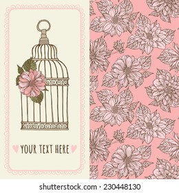 Set the template cards or invitations and seamless floral pattern. Birdcage and dahlias.