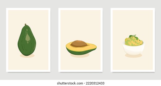 Juego de tarjetas de plantilla en un estilo minimalista, dibujo artístico. aguacate entero, medio aguacamole y listo. Ilustración culinaria, para receta, pancarta, imprenta, post de blog, tapicería, afiche.