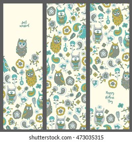 Set template cards with owls. Kids doodle style.