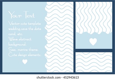 Set of template cards with place for text.cute wave background.Clip art for design, print, banners, cards, invitation, template. Marine theme.