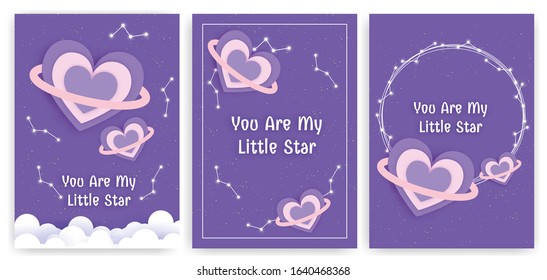 Set of template cards with Universe and cloud in paper art style. 