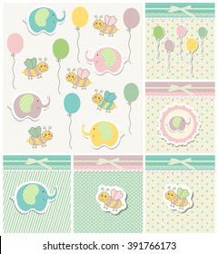 Set of template for child, girl and boy birthday card, baby shower. Vector illustration.