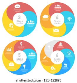 Set template for circle diagram, options, web design, graph and round infographic. Business concept with 3, 4, 5, 6 elements, step, option. Vector illustration.