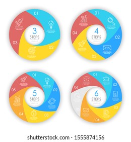 Set template for circle diagram, options, web design, graph and round infographic. Business concept with 3, 4, 5, 6 elements, step, option. Vector illustration.
