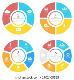 Set template for circle diagram, options, web design, graph and round infographic. Business concept with 3, 4, 5, 6 elements, step, option. Vector illustration.