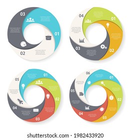 Set template for circle diagram, options, web design, graph and round infographic. Business concept with 3, 4, 5, 6 elements, steps or options. Vector illustration.