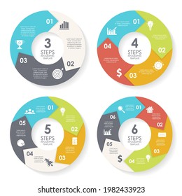 Set template for circle diagram, options, web design, graph and round infographic. Business concept with 3, 4, 5, 6 elements, steps or options. Vector illustration.