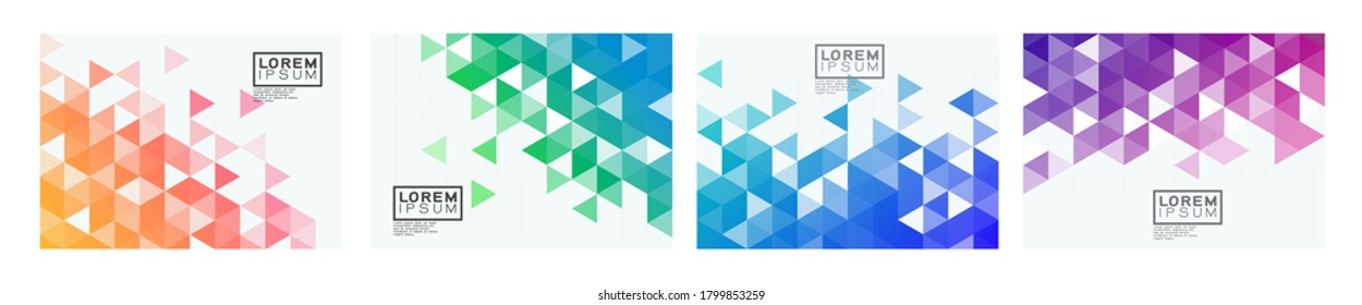 Набор шаблонов с красочным градиентным треугольным рисунком на каждой угловой позиции с пробелом. Современный геометрический фон для деловой или корпоративной презентации. векторная иллюстрация