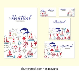 Set of template corporate identity with nautical elements. Background for printed media design. Banner, business card, invitation, greeting card, postcard. Vector Illustration