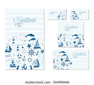 Set of  template corporate identity with nautical elements. Background for printed media design. Banner, business card, invitation, greeting card, postcard. Vector Illustration