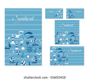 Set of  template corporate identity with nautical elements. Background for printed media design. Banner, business card, invitation, greeting card, postcard. Vector Illustration