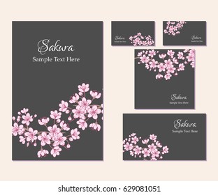 Set of template corporate identity with sakura. Background for printed media design. Banner, business card, invitation, greeting card, postcard. Vector Illustration