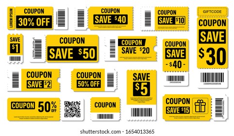 Set of Template Coupon. Gift Coupon element template, graphics design. Voucher promo code. Shopping, marketing, food and drink, business. Vector illustration.