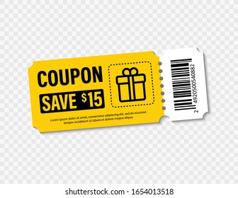 Juego de cupón de plantilla. Plantilla de elemento de cupón de regalo, diseño gráfico. Código promocional del cupón. Compras, marketing, comida y bebida, negocios. Ilustración vectorial.