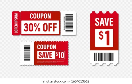 Set of Template Coupon. Gift Coupon element template, graphics design. Voucher promo code. Shopping, marketing, food and drink, business. Vector illustration.