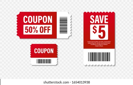 Set of Template Coupon. Gift Coupon element template, graphics design. Voucher promo code. Shopping, marketing, food and drink, business. Vector illustration.