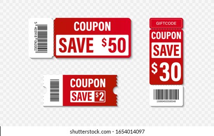 Set of Template Coupon. Gift Coupon element template, graphics design. Voucher promo code. Shopping, marketing, food and drink, business. Vector illustration.