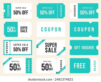 Set von Vorlage Coupon. Geschenk-Coupon-Element-Vorlage, Grafikdesign. Gutschein-Aktionscode. Einkaufen, Marketing, Essen und Trinken, Business. Vektorillustration