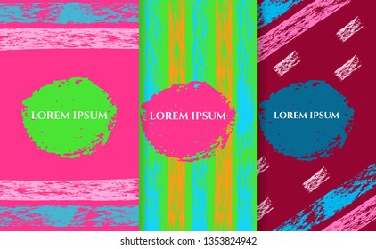 Set of template cover. Colorful background, ink spots, stripes. Vector hand drawn brush texture pattern. For print for clothes, notebook, cover, fabric, textile, website wrapping wallpaper backdrop