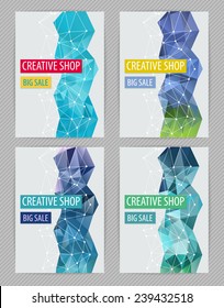 Set of template creative designs for flyer with white polygonal grid, bright figure, polygonal backdrop. Proportionally: A4 