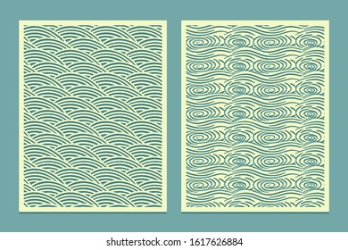 Set template for cutting Patterns marine waves Oriental style scenery Metal cutting or wood carving, panel design stencil for fretwork paper art card background or interior decor Vector illustration.