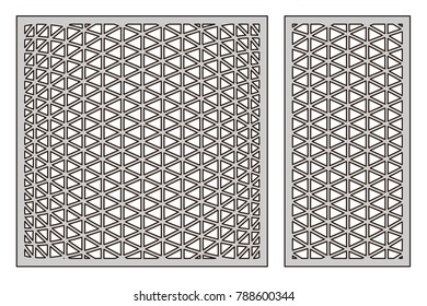 Set template for cutting. Triangle mesh 3D pattern. Laser cut. Ratio 1:1, 1:2. Vector illustration.