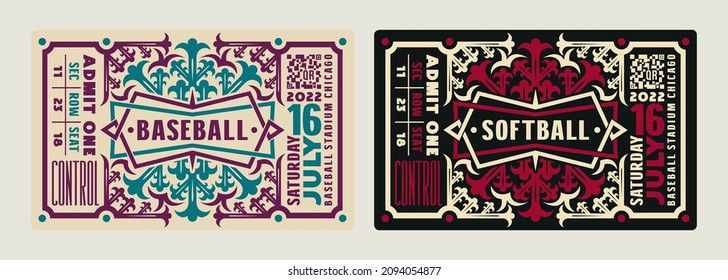 Set of template decorative baseball and softball ticket. Ornament in retro style. Vector illustration