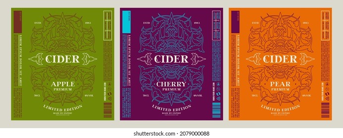 Set of template decorative label for cider. Apple, pear and cherry flavor. Ornamental frame in thin line style. Vector illustration