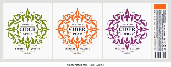 Set of template decorative label for cider. Apple, pear and cherry flavor. Floral ornament in renaissance style. Vector illustration