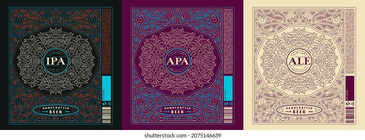 Set of template decorative label for craft beer. Ornamental frame in thin line style. Vector illustration