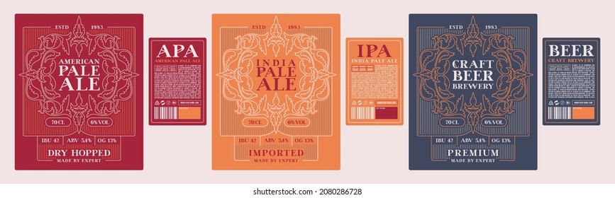 Set of template decorative label for craft beer. American and India pale ale flavor. Floral ornament in thin line style. Vector illustration