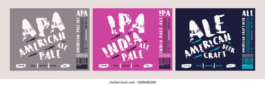 Set of template decorative label for craft beer. American and India pale ale flavor. Typographic in grunge handwritten style. Vector illustration