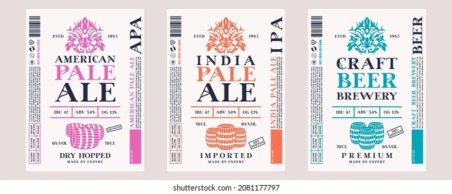 Set of template decorative label for craft beer. American and India pale ale flavor. Floral ornament in retro style. Vector illustration. Color print on white border