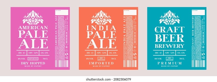 Set of template decorative label for craft beer in modern minimal style. American and India pale ale flavor. Vector illustration. White print on bright color border