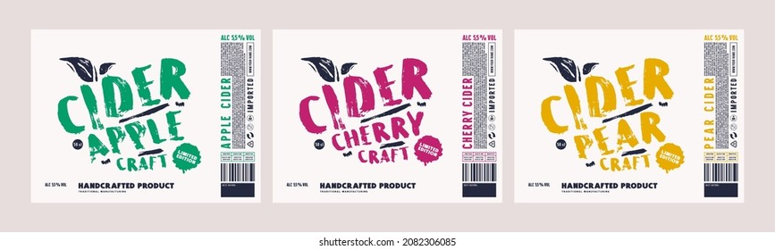 Set of template decorative label for craft cider. Apple, pear and cherry flavor. Typographic in grunge handwritten style. Vector illustration