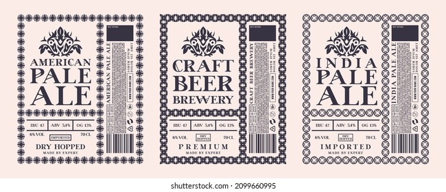 Set of template decorative label for craft beer. Typography with ornamental frame. American and India pale ale flavor. Vector illustration