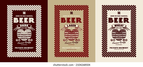 Set of template decorative label for craft beer. Dark ale, wheat and lager flavor. Typographic with ornamental frame in celtic style. Vector illustration